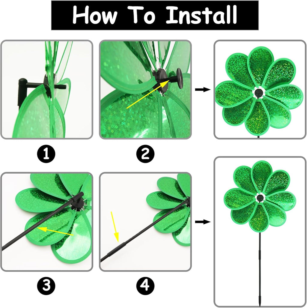 4PCS Flower Wind Spinner Sparkly Lawn Pinwheel 11.8 inch Green Garden Windmill for Christmas Garden, Party, Outdoor,Yard Decor