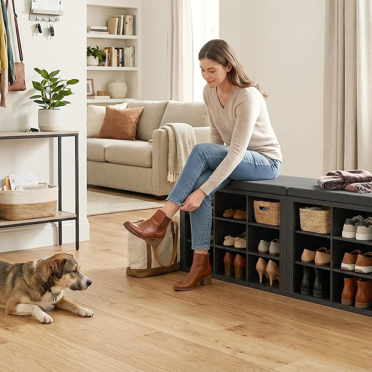 Shoe Rack Bench, Shoe Storage Bench with Cushion, Shoe Organizer 18 Cubbies for Entryway Hallway Bedroom Living Room, Holds Up to 400lbs
