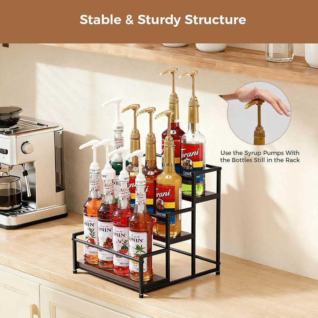 Coffee Syrup Rack Organizer, 3 Tier 12 Bottles Holder Stand for Coffee Bar | Coffee Syrup Liquor Bottle Display Shelf Bar Shelf Stand Countertop Rack for Syrup, Wine, Spice