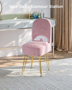 Pink Vanity Chair with Storage and Back for Teens - Faux Fur Makeup Vanity Stool, Foldable Ottoman Seat with Anti-Slip Metal Legs for Girls Bedroom, Dorm, Entryway, Living Room