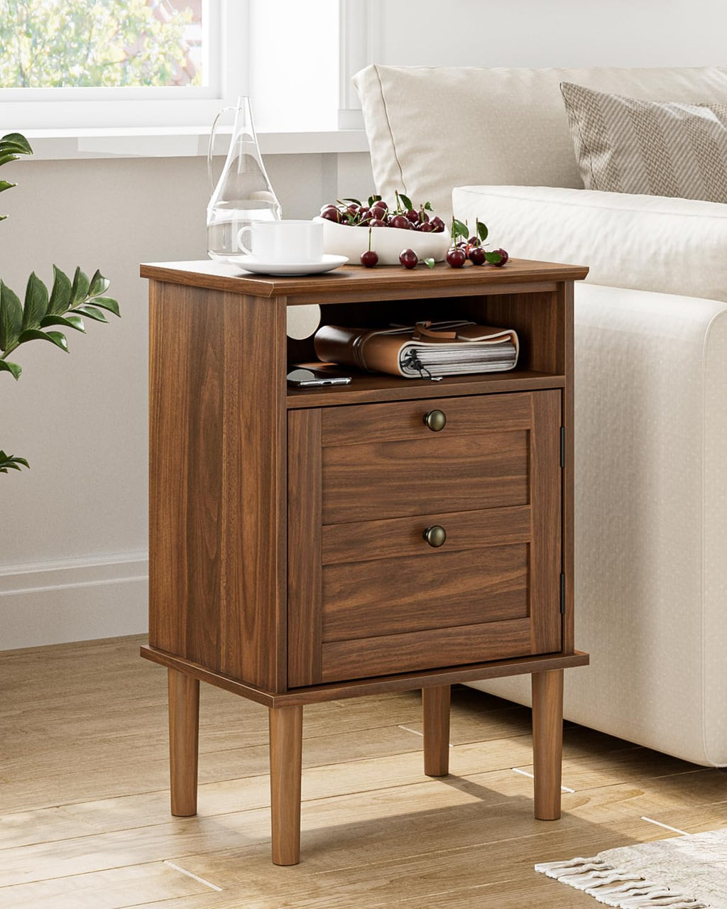 Nightstand, Boho Night Stand with 1 Drawer, Modern Side Accent Table with Open Shelf, Wooden Top Bedside End Table for Bedroom, Living Room, Walnut