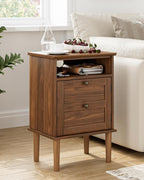 Nightstand, Boho Night Stand with 1 Drawer, Modern Side Accent Table with Open Shelf, Wooden Top Bedside End Table for Bedroom, Living Room, Walnut