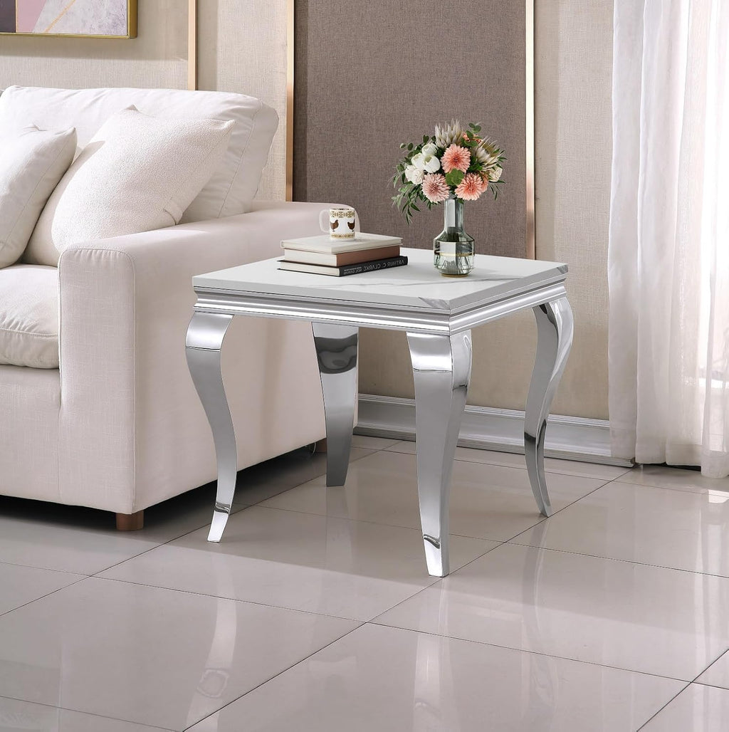 Henf 23in Square End Table Faux Marble End Table w/Stainless Steel Legs,Luxury Sofa Side Table Tea Table for Living Room Office, Nightstand Bedside Table for Bedroom, White and Silver End Side Table