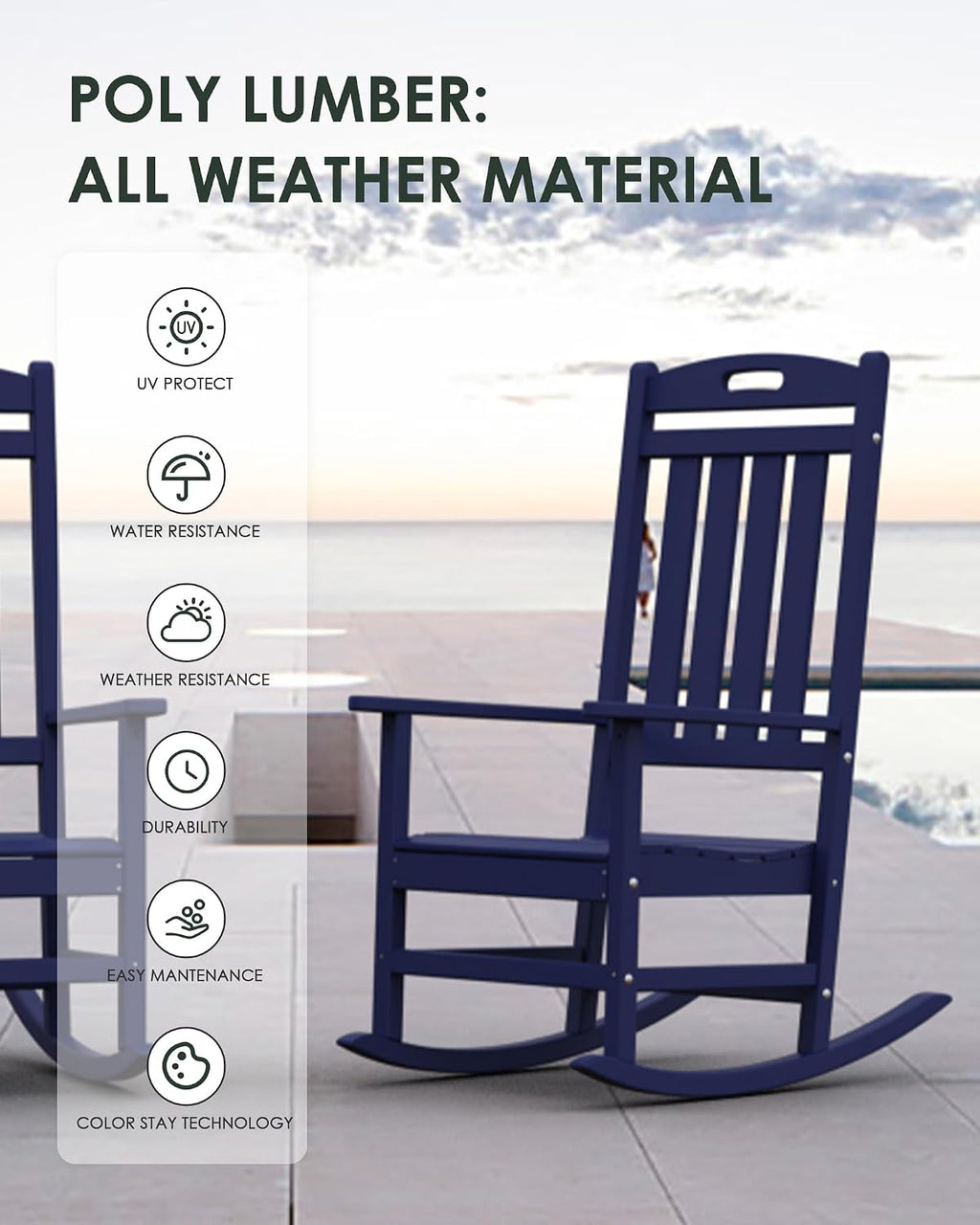 Outdoor Rocking Chair Set of 4, All-Weather Resistant Poly Lumber Rocker Chair Outdoor, High Back Plastic Patio Rocking Chairs for Outside Porch Rocker Garden Lawn, Navy Blue