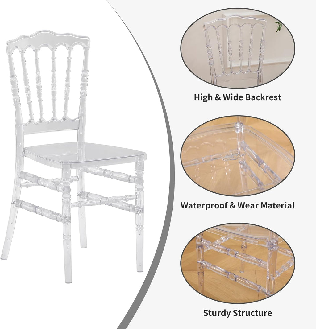 Clear Acrylic Napoleon Chair for Dining, Weddings and Events | Modern Acrylic Seat, Plastic Transparent Crystal Chairs, Armless See Through Chair for Vanities, Banquets, Kitchens