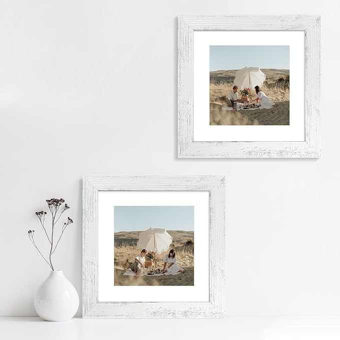 8x8 Picture Frames Set of 4 with Real Glass, Distressed White Frame Display 6x6 Pictures with Mat or 8 x 8 Without Mat, Wood Square Photo Frame for Wall Mount and Tabletop Display