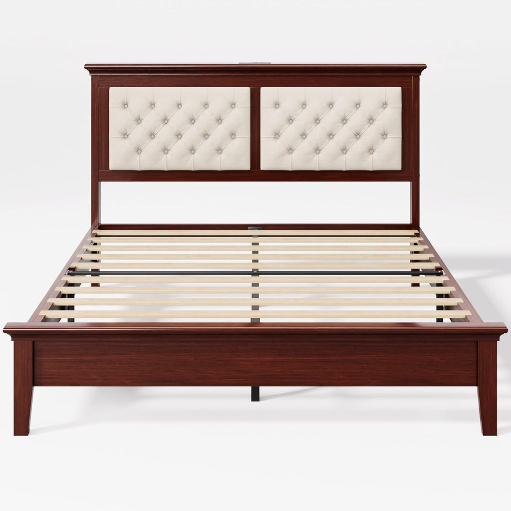 Lifezone Solid Wood Queen Bed Frame 41.5” Tall Diamond-Tufted Upholstered Headboard, American Classic Flat-Top Bed, Stable Structure, Wood Slats Support, Noise-Free, No Box Spring Needed, Redish Brown