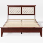 Lifezone Solid Wood Queen Bed Frame 41.5” Tall Diamond-Tufted Upholstered Headboard, American Classic Flat-Top Bed, Stable Structure, Wood Slats Support, Noise-Free, No Box Spring Needed, Redish Brown