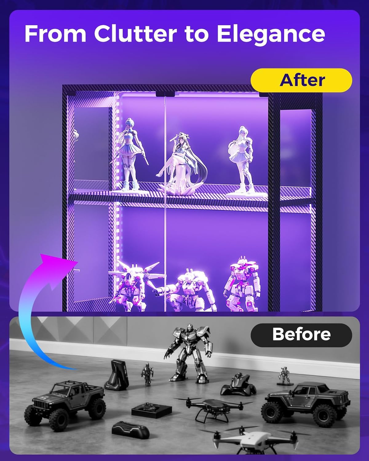 AODK Display Case with RGB Lights, 4-Tier Display Cabinet with Glass Doors and Storage Shelves, Glass Display Cabinet Shelf for Collectibles, Black Curio Cabinet for Game Room