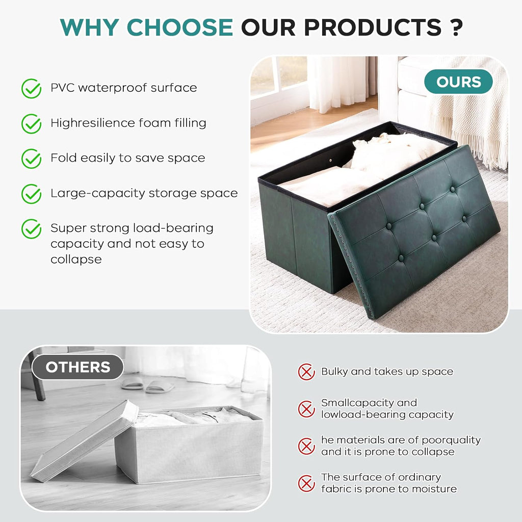 oakvivo Folding Storage Ottoman Bench, Leather Foot Rest Stools with Rivet Design, 15" D x 30" W x 15" H, Ottoman with Storage End of Bed Bench Footstool for Living Room Bedroom, Load 330 lb, Green
