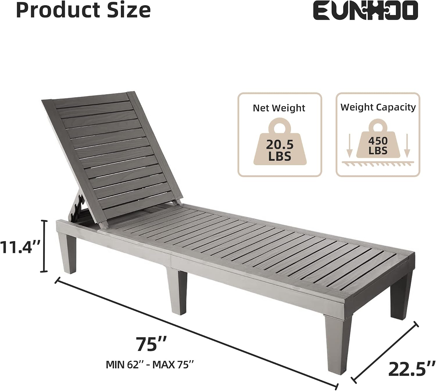 EUNHOO Outdoor Chaise Lounge Set of 2, Adjustable Pool Lounge Chair with 5 Positions Backrest, Waterproof Sun Loungers for Garden Pool Beach Patio Deck Sunbathing