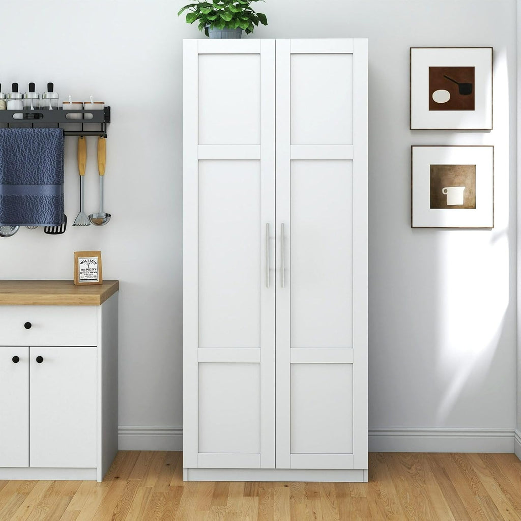 White Pantry Cabinet with 2 Doors and Adjustable Shelves, 70.87" Tall Kitchen Storage Cabinet, Freestanding Cupboard for Kitchen, Dining, Living, Bathroom and Laundry
