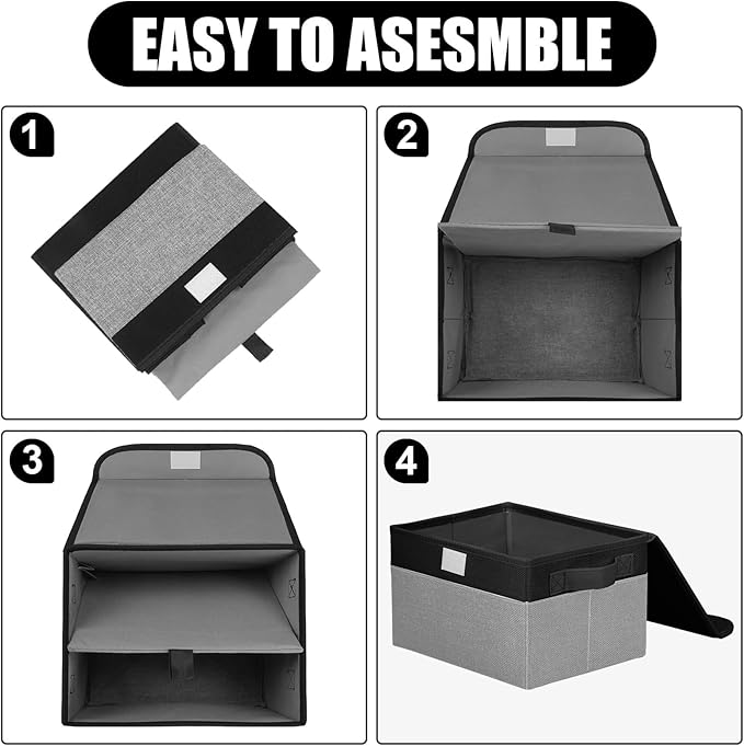 Small 8 Quart Linen Fabric Foldable Storage Bin Cube Organizer Basket with Lid & Handles, Collapsible Decorative Box Container for Home, Dorm, Closet, Black & Gray, 10"x8"x6", 6-Pack
