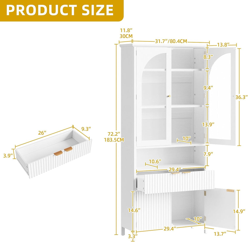 DWVO 72" Tall Kitchen Pantry Cabinet with LED Light, Fluted Storage Cabinet with Drawer and Arched Glass Doors, Adjustable Shelves, Tall Kitchen Cabinets for Living Room, Dinning Room, White