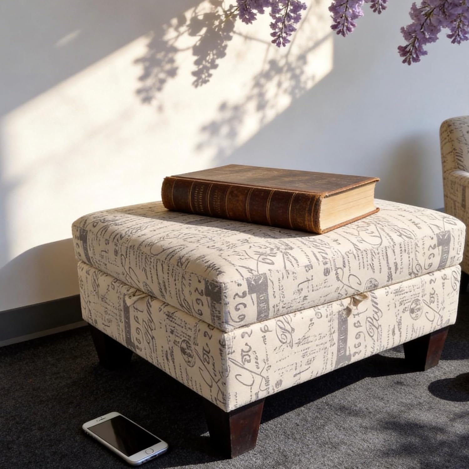 Linen Upholstered Storage Ottoman