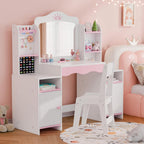 MU Kids Vanity, Girl Vanity Set with Mirror and Stool, 2 in 1 Toddler Makeup Vanity Table with Jewelry Storage, Wooden Princess Makeup Desk Dressing Table for Little Girls, (White)