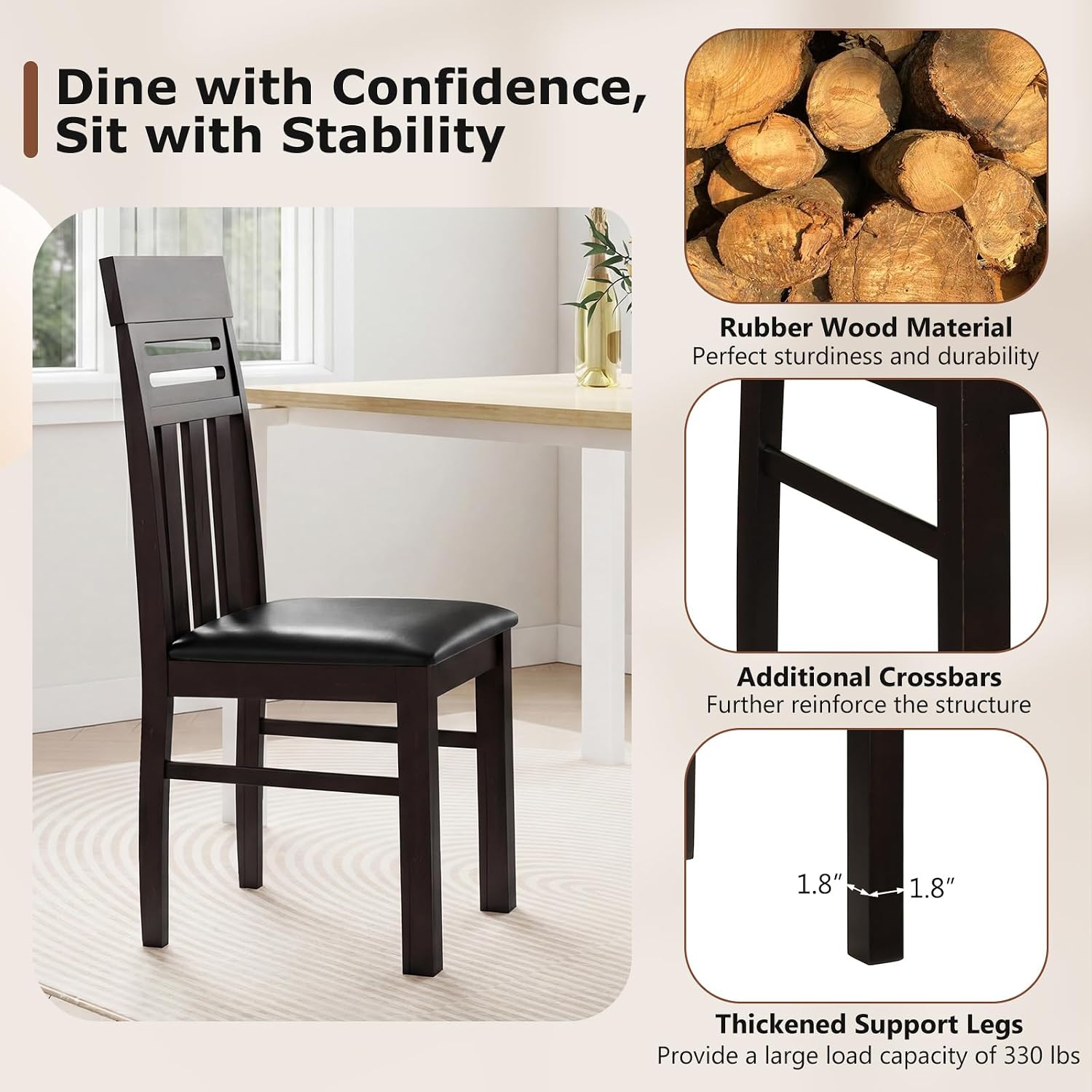 Giantex Wooden Dining Chairs Set of 4, High Back Dining Room Chairs with Padded Seat & Rubber Wood Frame, PU Leather Farmhouse Side Chairs for Kitchen Living Room
