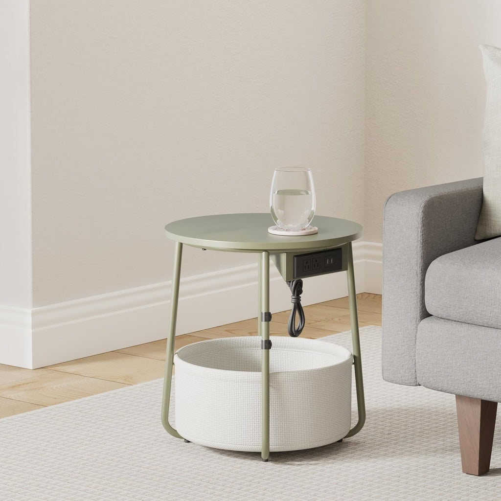 VASAGLE LILEA Collection - Side Table with Charging Station, Round End Table with Fabric Basket, Nightstand with USB Ports, for Living Room, Bedroom, Modern, Forest Green and Cream White ULET228C04