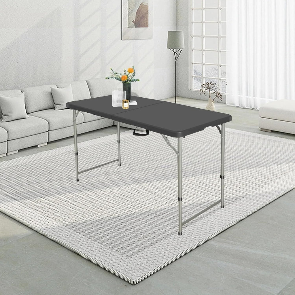 4FT Folding Table Heavy Duty 350 LBS, 3 Adjustable Heights Fold-in-Half Portable Table with HDPE Waterproof Top for Camping, Party, Craft, Card Game - Coffee Table to Dining Height, Indoor Outdoor