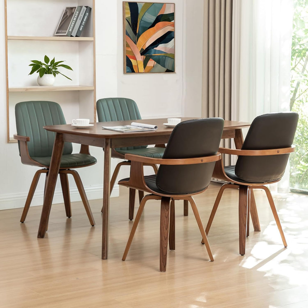 Mid Century Modern Dining Chairs, Swivel Dining Chairs with Arms Walnut | Natural Bentwood Frame, Faux Leather Upholstered Seat , Wooden Arms and Legs, Leather Swivel Chairs for Kitchen, Dining Room