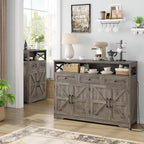 Befrases Farmhouse Sideboard Buffet Cabinet, Barn Doors Storage Cabinet with Drawers and Open Shelf, 47.2'' Wood Coffee Bar Microwave Station for Kitchen, Living Room, Hallway, Grey