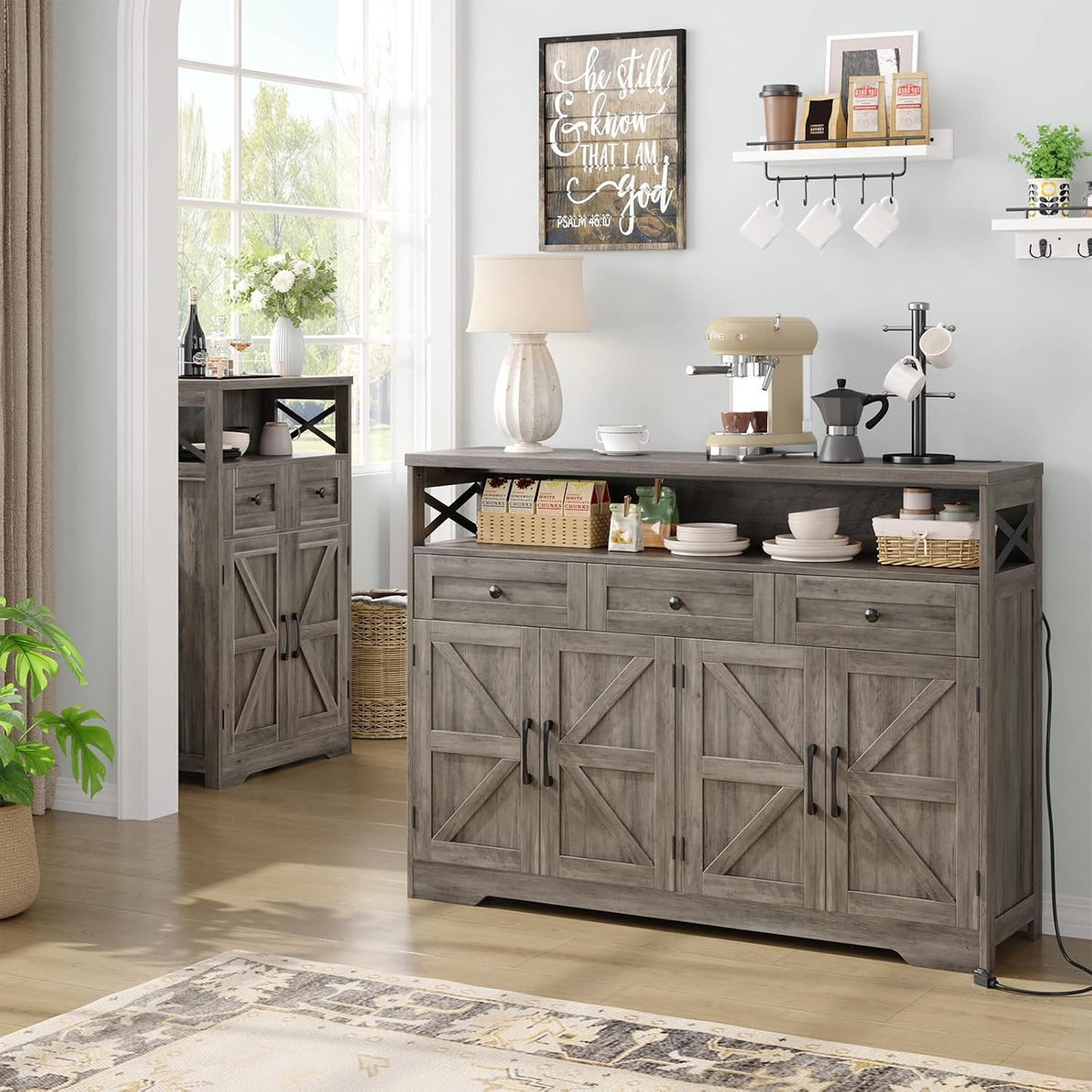 Befrases Farmhouse Sideboard Buffet Cabinet, Barn Doors Storage Cabinet with Drawers and Open Shelf, 47.2'' Wood Coffee Bar Microwave Station for Kitchen, Living Room, Hallway, Grey