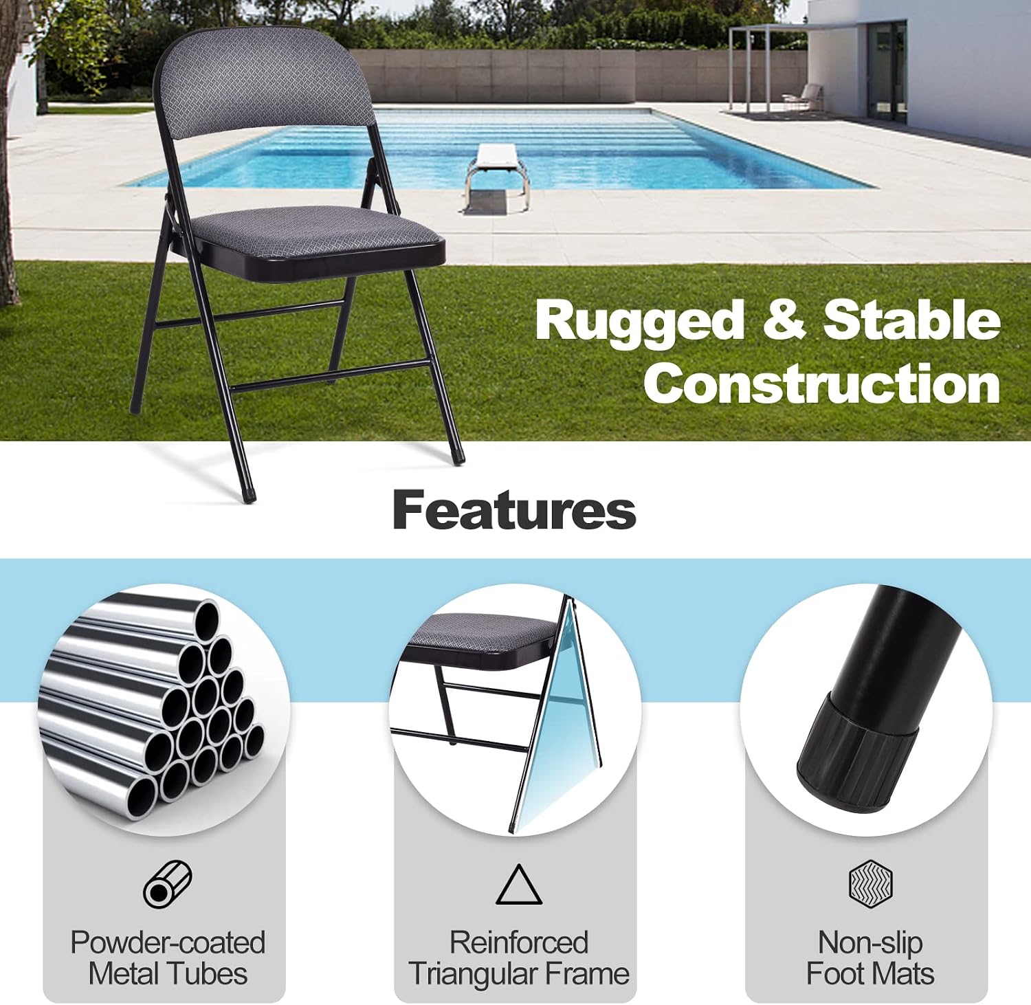 GOFLAME 6 Pack Folding Chairs, Fabric Dining Chair Set with Padded Seat & Metal Frame, Indoor Outdoor Upholstered Commercial Seat for Home Office Events Wedding Party, Grey & Black