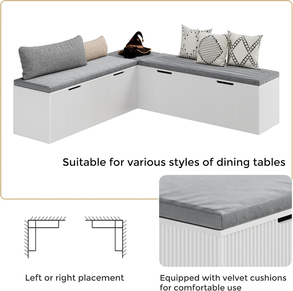 Mekminop Kitchen Breakfast Nook Bench, Backless Wood Corner Bench with Cushion Seat, L Shape Dining Bench with Hidden Storage Space, White