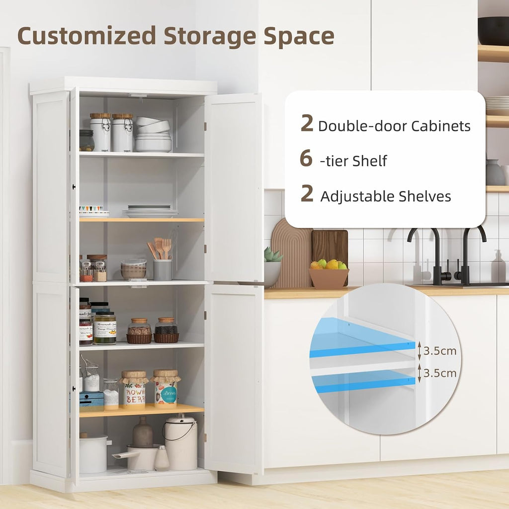 TANGZON 184CM Tall Kitchen Cupboard, 6-Tier Pantry Storage Cabinet with 4 Doors, 2 Adjustable Shelves & Anti-tipping Device, Freestanding Wooden Sideboard Unit for Dining Living Room (White)