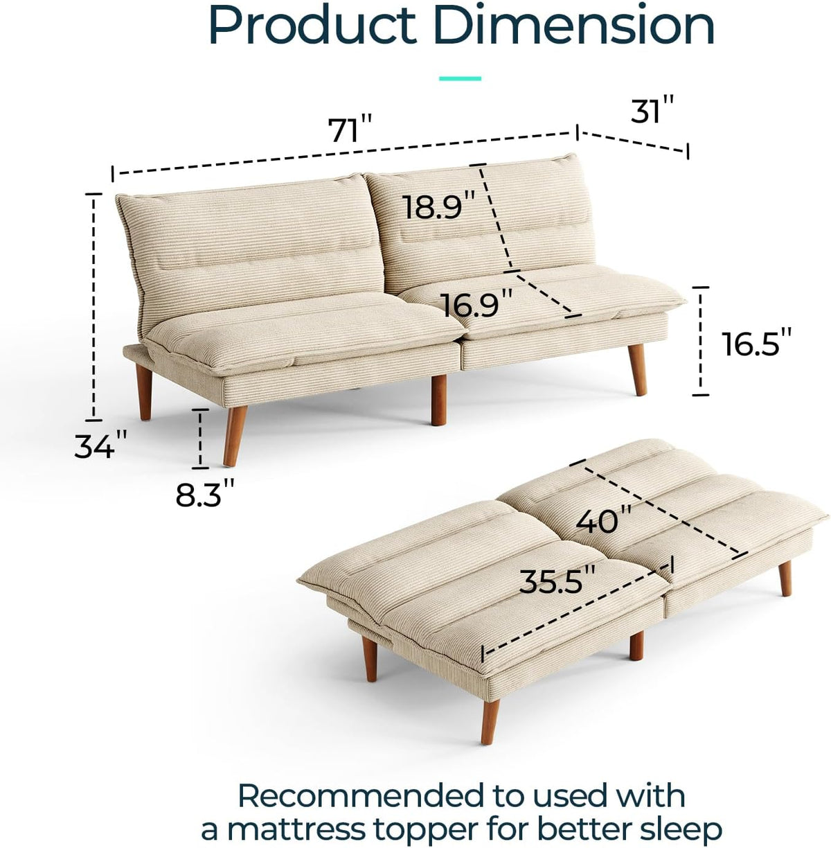 LINSY 71 Inch Futon Sofa Bed Corduroy Futon Couch with Adjustable Backrest, Convertible Folding Futons Sofa Couches for Small Spaces Living Rooms Apartment Office (Beige)
