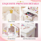 JOYMOR Kids Princess Vanity Table and Chair Set, Kids Vanity Set with Drawer & Tri-Folding Mirror, 2 in 1 Makeup Dressing Table with Detachable Top for Girls