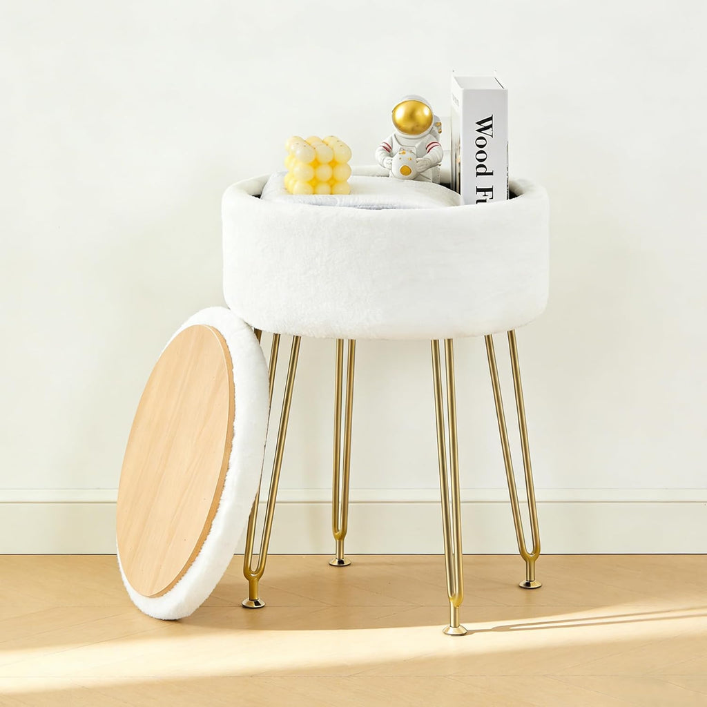 BRIAN & DANY Vanity Stool, Faux Fur Vanity Stool Chair with Storage, Round Makeup Chair Soft Padded Seat with Legs for Bedroom (White)