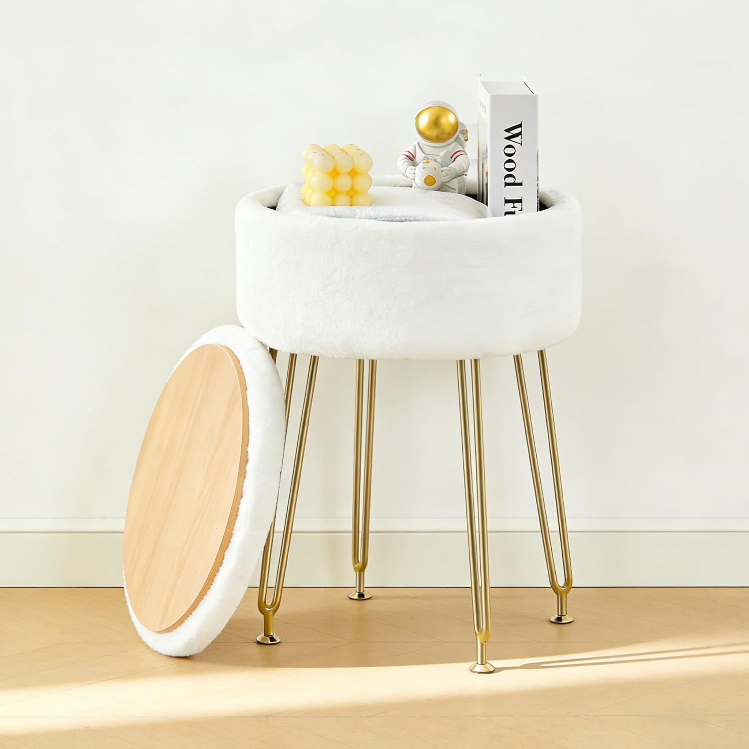 BRIAN & DANY Vanity Stool, Faux Fur Vanity Stool Chair with Storage, Round Makeup Chair Soft Padded Seat with Legs for Bedroom (White)