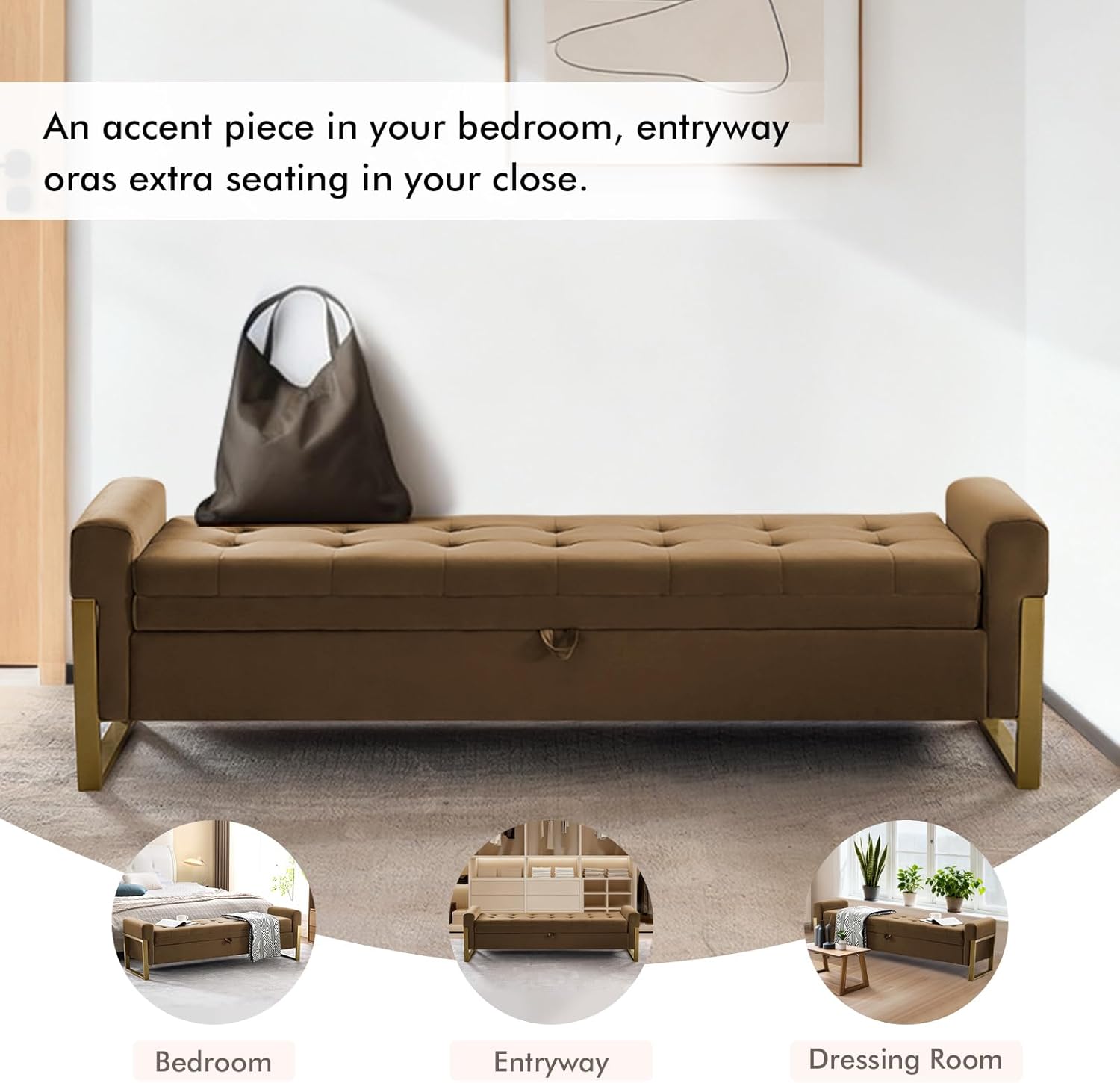 67" Storage Bench for Bedroom, King Size End of Bed Bench, Upholstered Storage Ottoman Bench with Golden Metal Legs, Bedroom Bench for Entryway, Brown