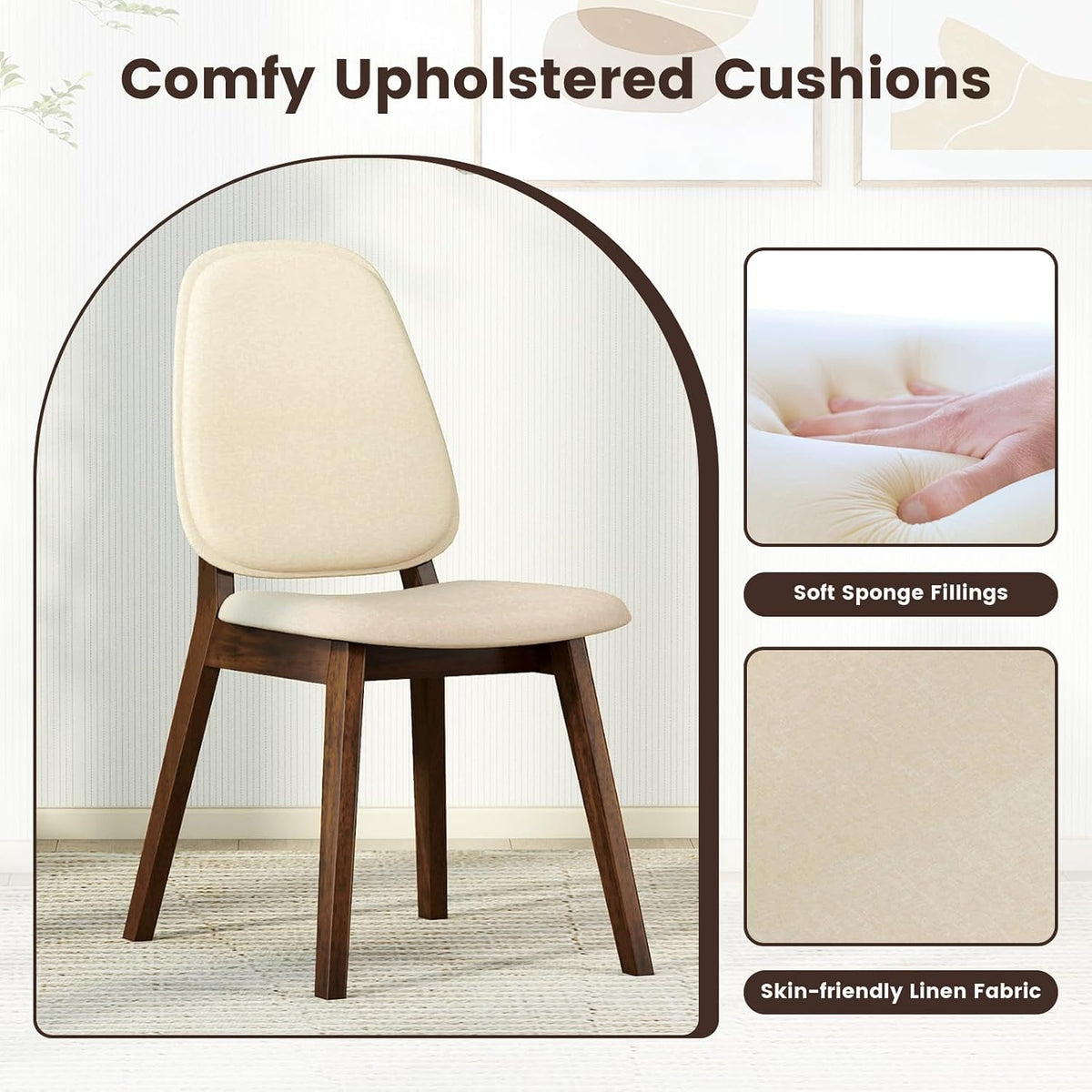 GOFLAME Upholstered Dining Chairs Set of 2, Mid-Century Modern Kitchen Chairs with Padded Seat, Ergonomic Curved Backrest, Rubber Wood Legs, Accent Side Chairs for Dining Room, Living Room, Study
