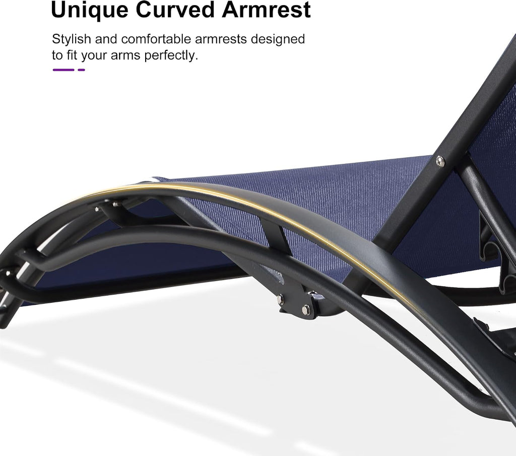 PURPLE LEAF Pool Lounge Chaise Set of 3 Outdoor Lounger Chair, Navy Blue | 2 Chaise + 1 Table, Aluminum Frame, Adjustable Headrest & 5 Recline Angles, Stackable, UV Textilene Fabric, S-Curve Backrest