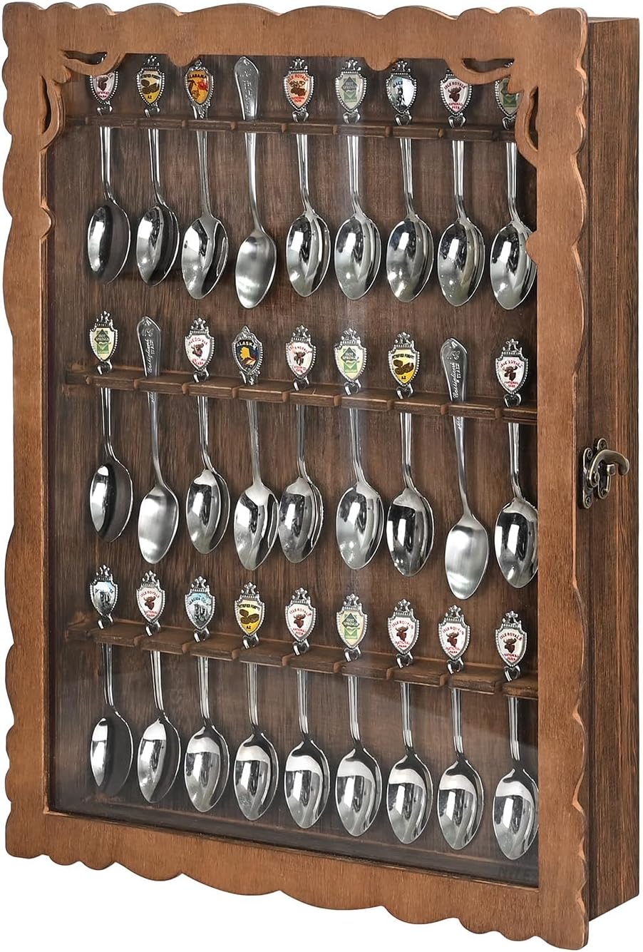 Ikee Design Wooden 30-Souvenir Spoon Display Case Cabinet, Wall-Mounted Tea Spoon Rack with Tempered Glass Suitable for Collection Display, 13.4W x 2.6D x 15.7H in
