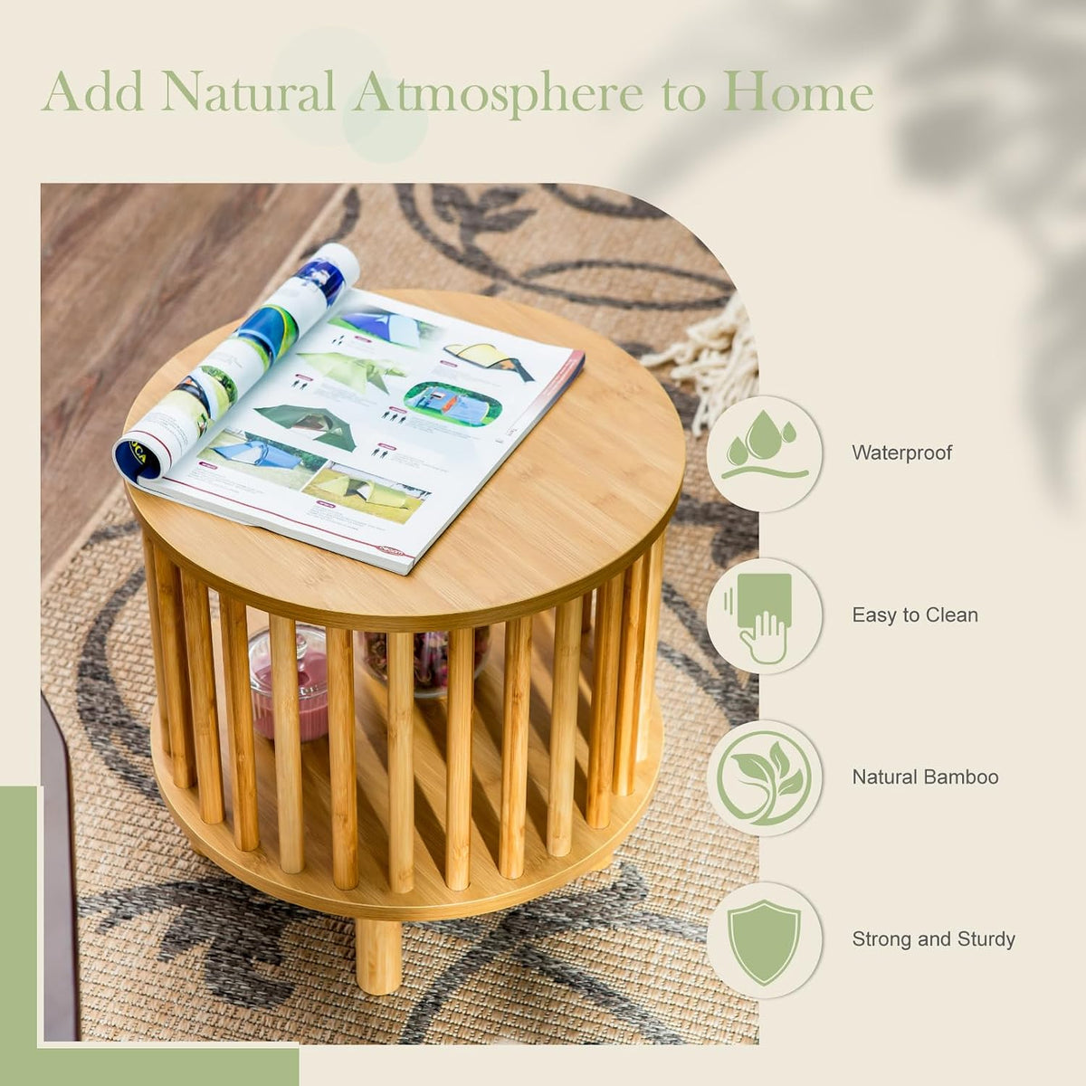 MFSTUDIO Bamboo Nightstand End Table Set of 2, Round 15.7" Bedside Tables with 2-Tier Open Storage for Small Spaces, 2 Pieces Farmhouse Natural Bamboo Wood End Table for Living Room