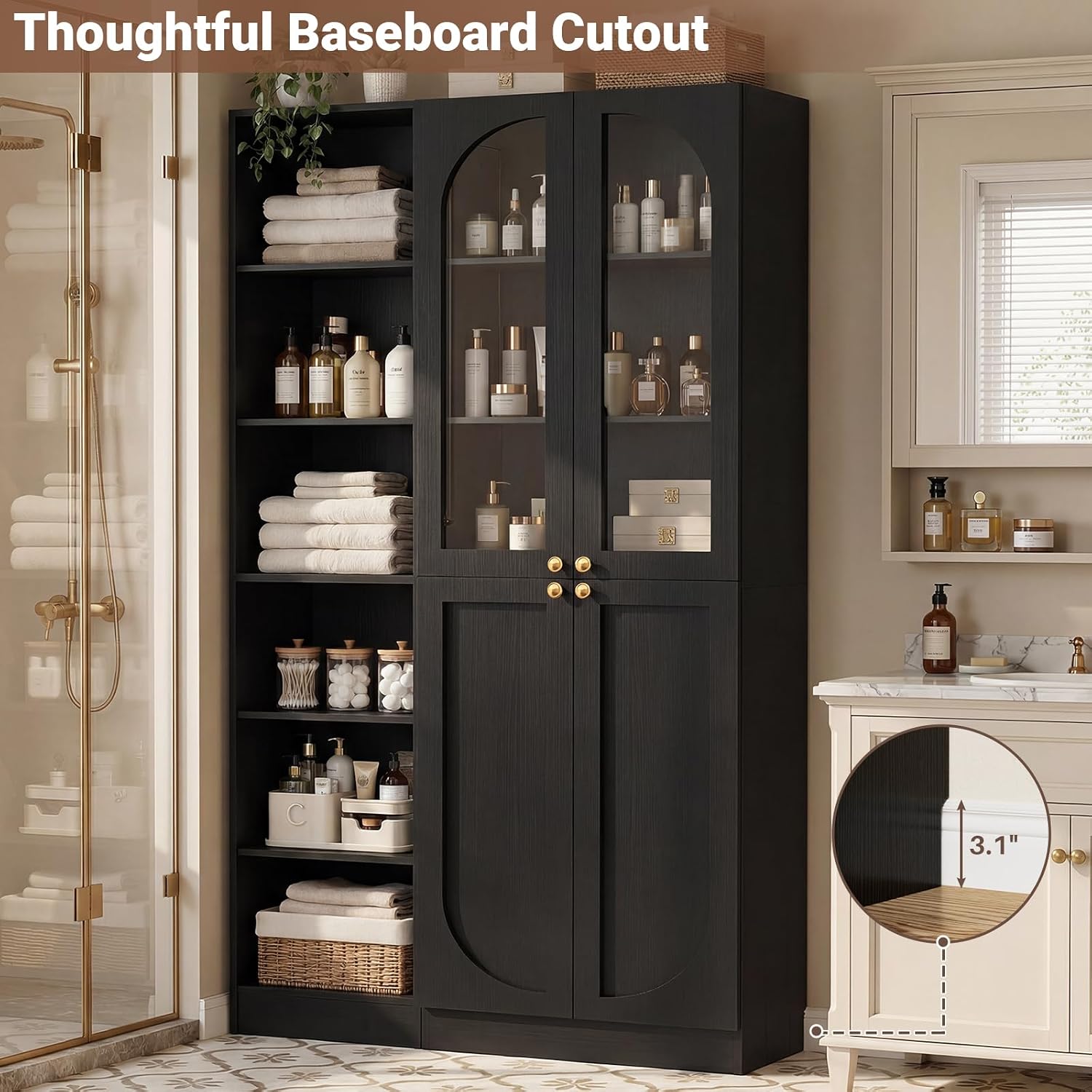 Cyclysio 80" Tall Pantry System with Tempered Glass Doors, Arched Pantries with 6-Tier Open Shelves, Wooden Cupboard Storage Organizer with Baseboard Cutout for Living Room
