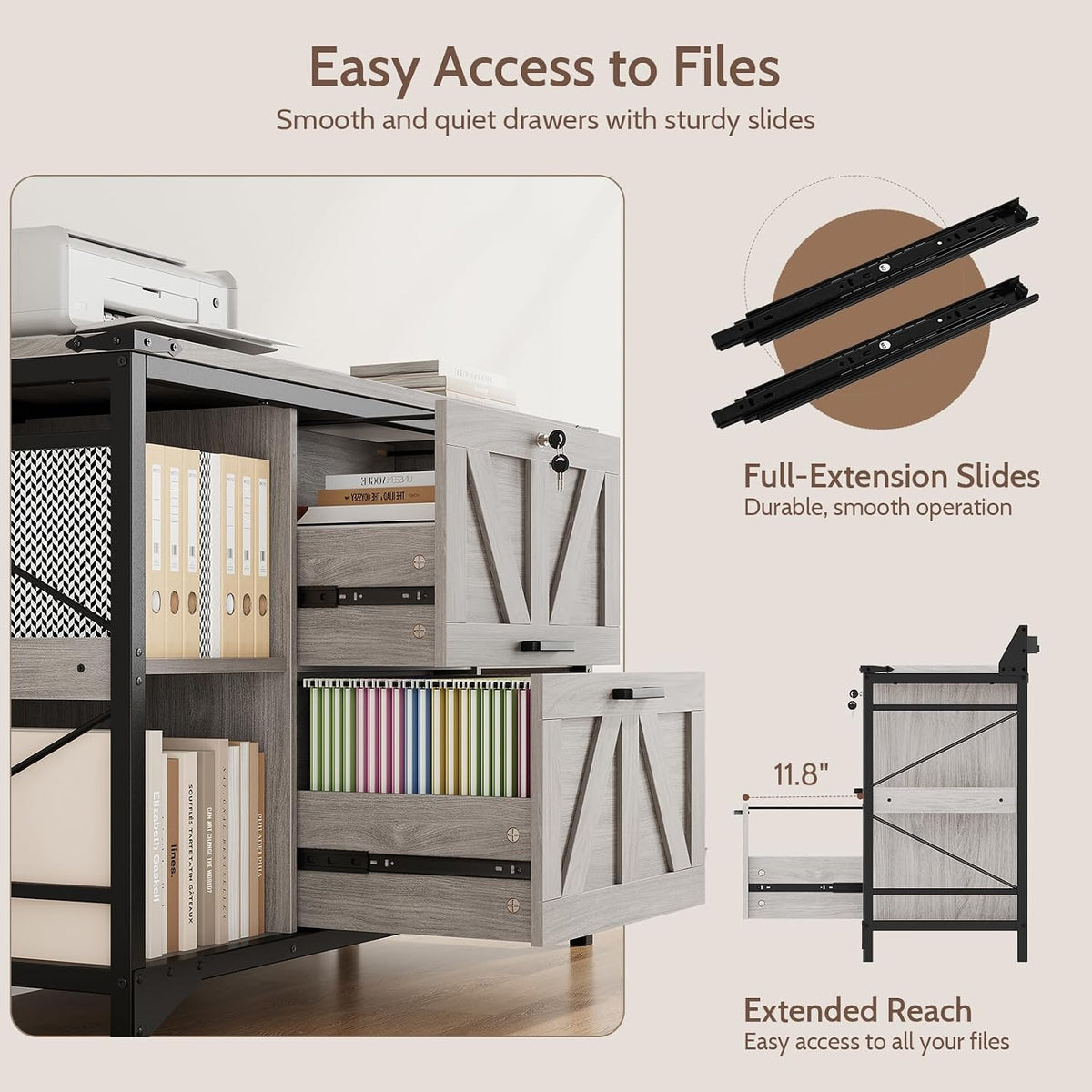 44" File Cabinet, Lateral Filing Cabinet for Home Office with 2 Drawers, Office Storage Cabinet with Lock and Key, Wooden Printer Stand with 4 Storage Shelves and Power Outlets, Office Furniture, Grey