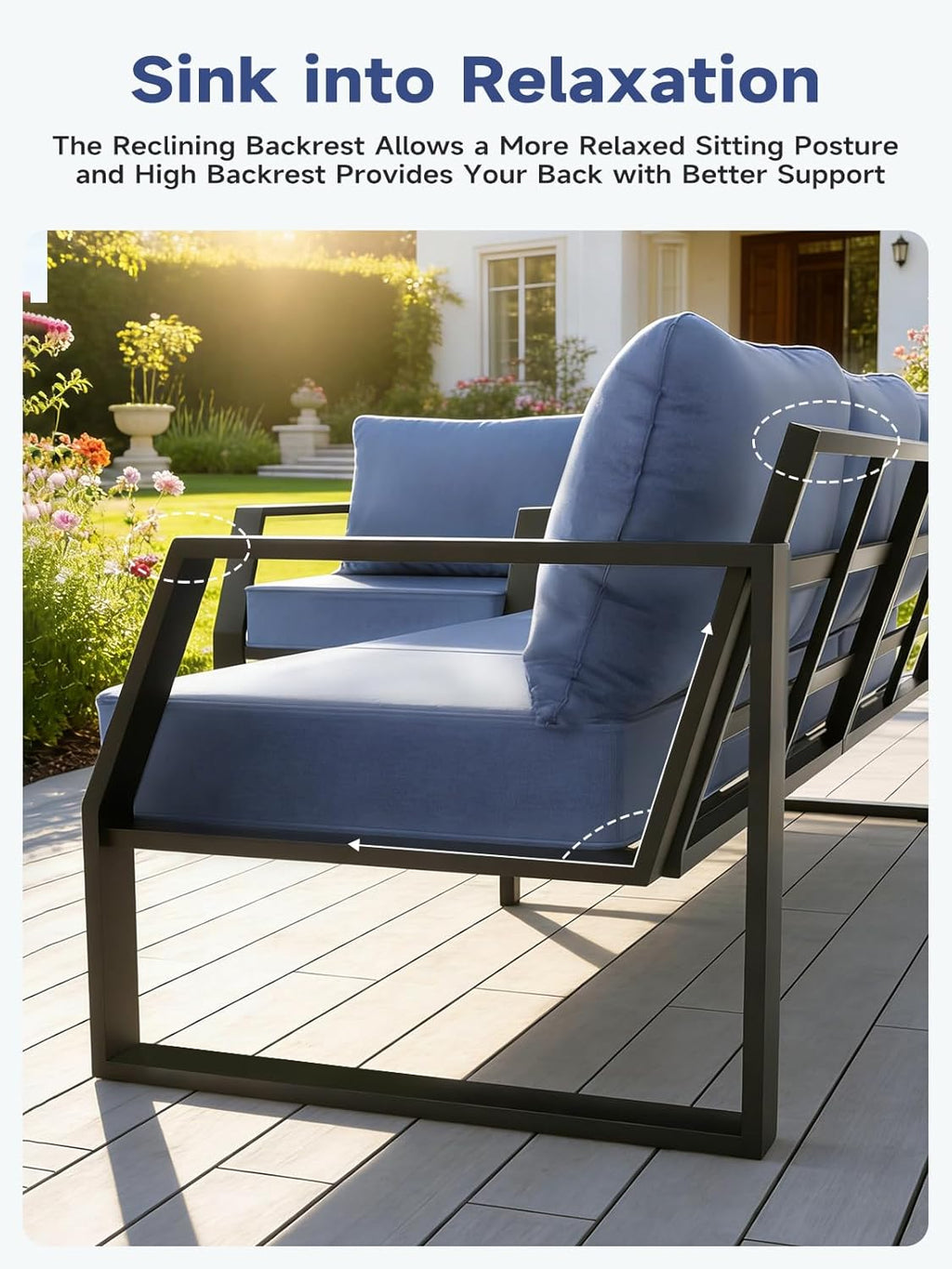 Oversized Outdoor Modern Patio Sofa for 3, 5" Thick Cushions, Deep Seat & Wide Armrests, Comfortable Aluminum All-Weather Rustproof UV-Resistant Frame for Garden, Backyard, Porch