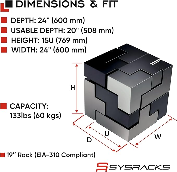 Sysracks 15U Wall Mount Server Rack Cabinet, 19” Locking Network Rack, 24” Deep, Glass Door, with Fan, PDU and Shelf