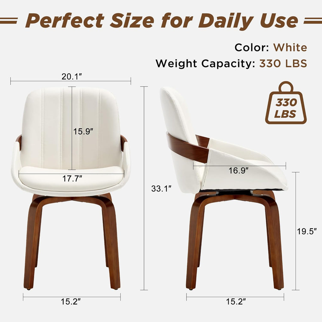 Swivel White Dining Chairs Set of 4, Mid Century Modern Faux Leather Dining Room Chairs with Arms, Upholstered Kitchen Vanity Accent Chair, Walnut Backrest Support & Sturdy Wood Legs