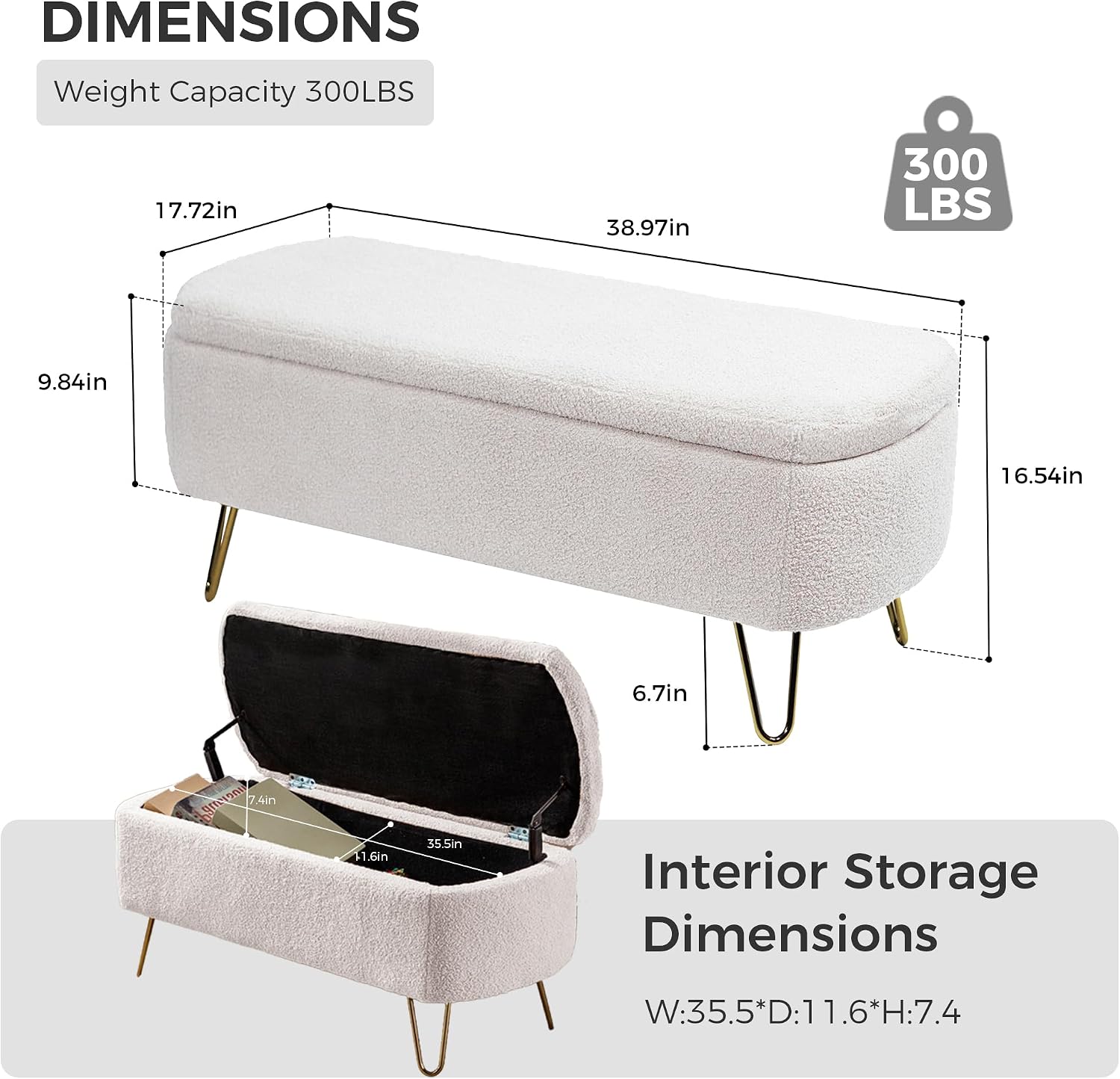 Ottoman with Storage, Small Boucle Storage Ottoman Bench,Upholstered Entryway End of Bed Bench with Cushion and Gold Legs for Bedroom Living Room, Ivory