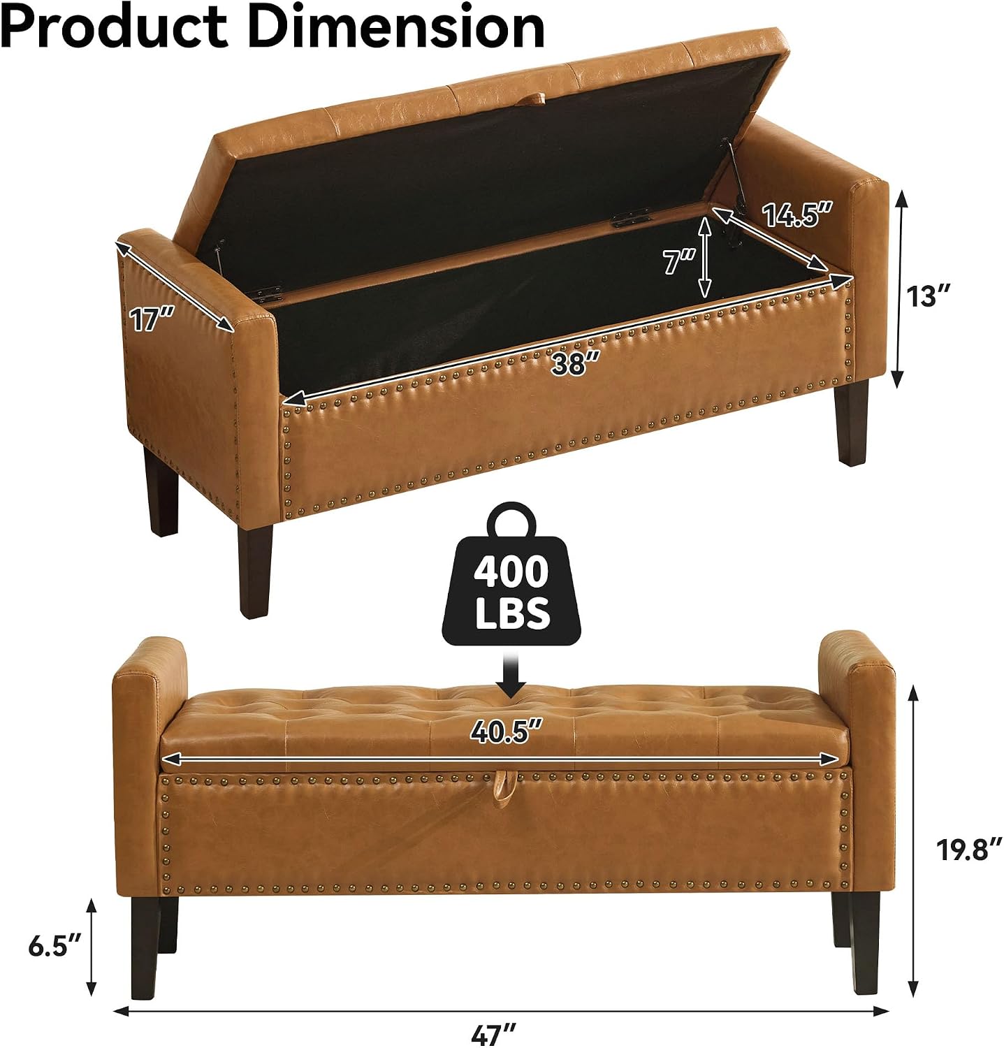 WUTUTUEE 47" Modern Water-Resistant Faux Leather Storage Ottoman Bench with Wooden Legs, Upholstered End of Bed Bench for Bedroom, Living Room or Entryway, Light Brown