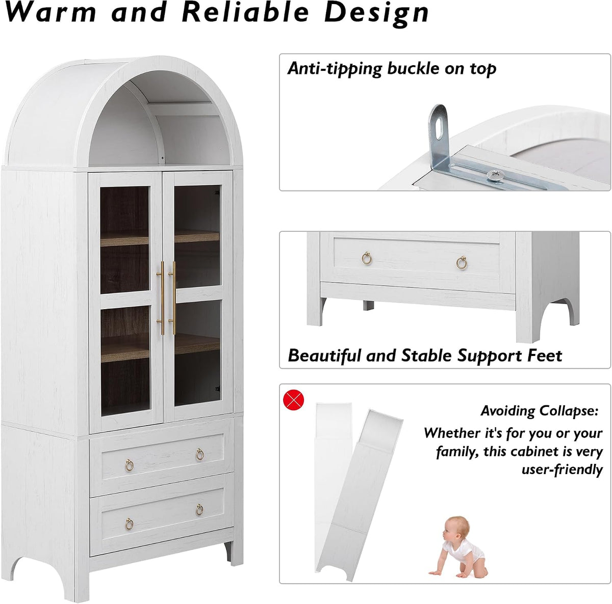 roomfitters 71" Pantry Cabinet with Arched Top and Glass Doors, 2 Storage Drawers and Adjustable Shelves for Kitchen, White