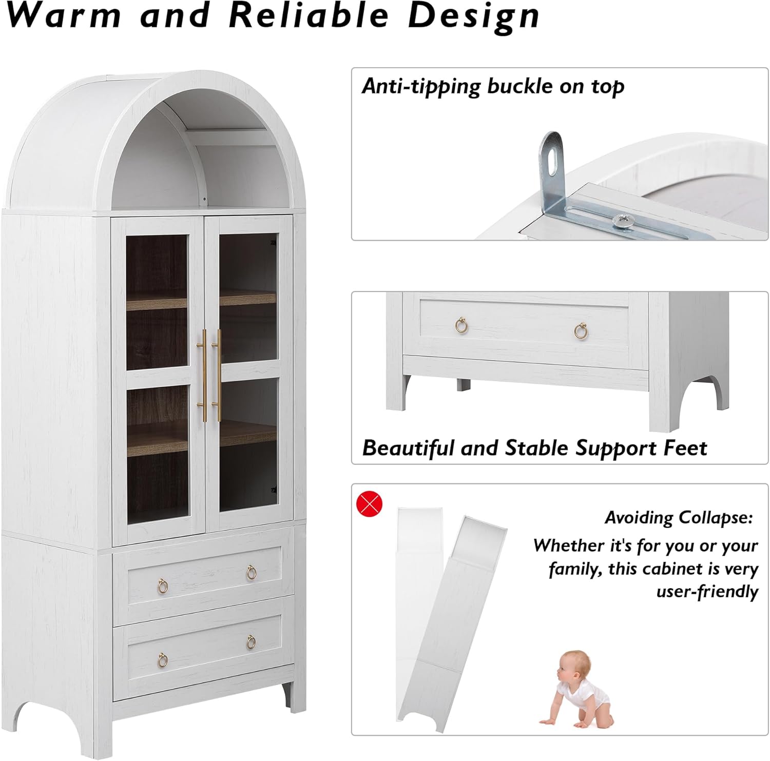 Merax 71" Tall Arched Farmhouse Pantry Cabinet with Glass Doors & 2 Large Drawers - Adjustable Shelves, Modern Kitchen Storage Cupboard for Dining Room, Living Room (30" W x 15.75" D), White