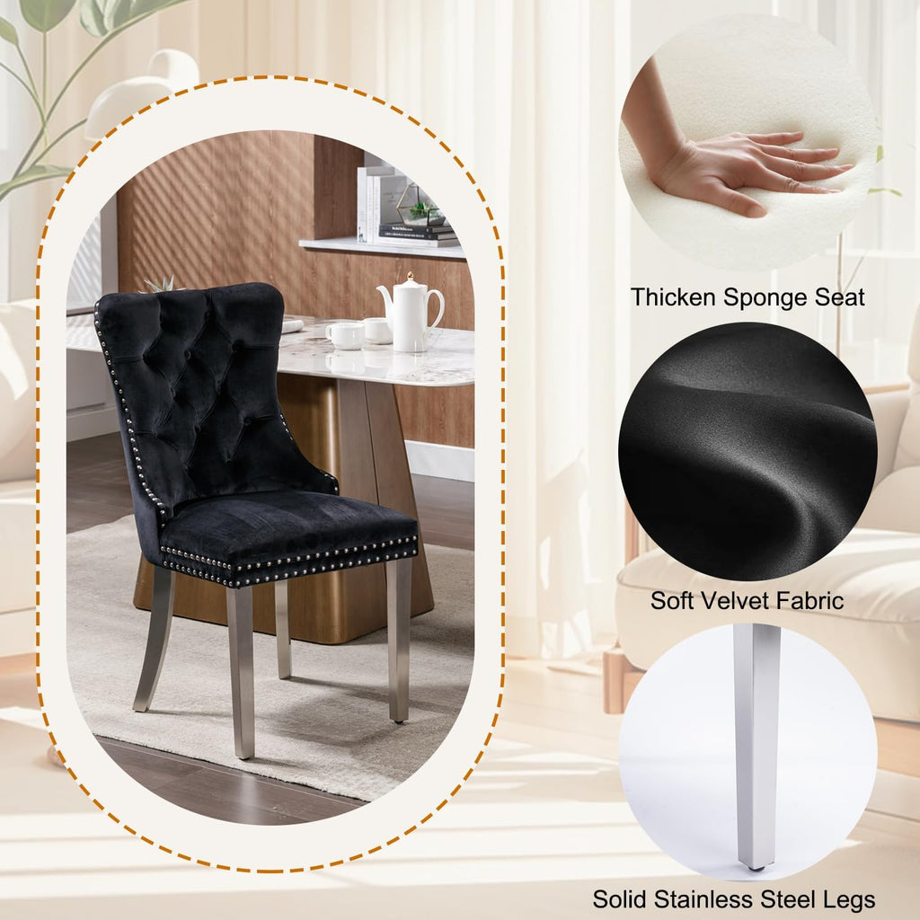 7-Piece Round Glass Dining Table Set for 6, 47" Circle Kitchen Table with 6 Black Velvet Chairs Modern Silver Glass Dining Room Table Set for 6 with Steel Leg Chair