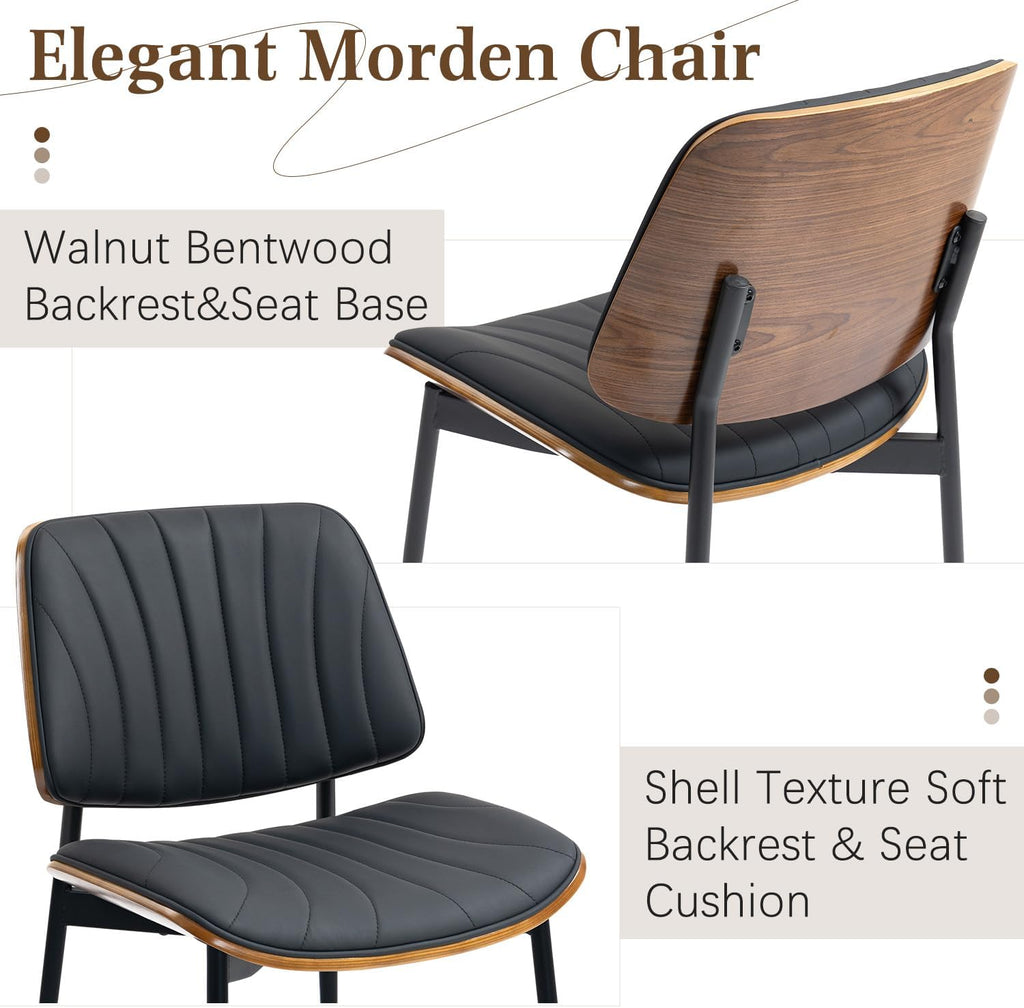 AVAWING Walnut Dining Chairs Set of 6, Mid Century Modern Dining Chairs PU Leather Upholstered Kitchen Chairs with Walnut Bentwood Back & Metal Legs for Dining Room, Kitchen, Living Room, Black