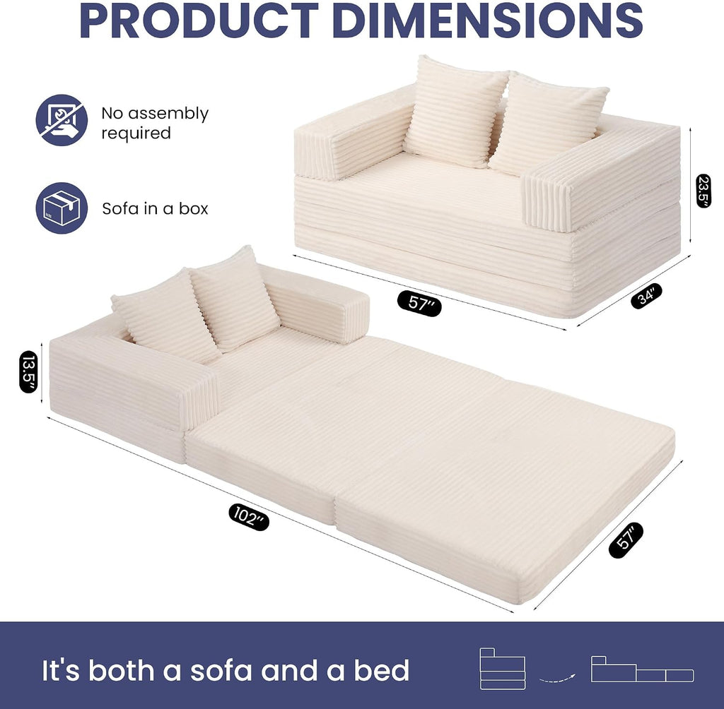 Convertible Sofa Bed, 4-in-1 Loveseat with Removable Armrests Backrest, Corduroy Futon Couch Bed with Pillow, Foldable Mattress Sleeper Sofa for Living Room Bedroom Small Place (Beige)